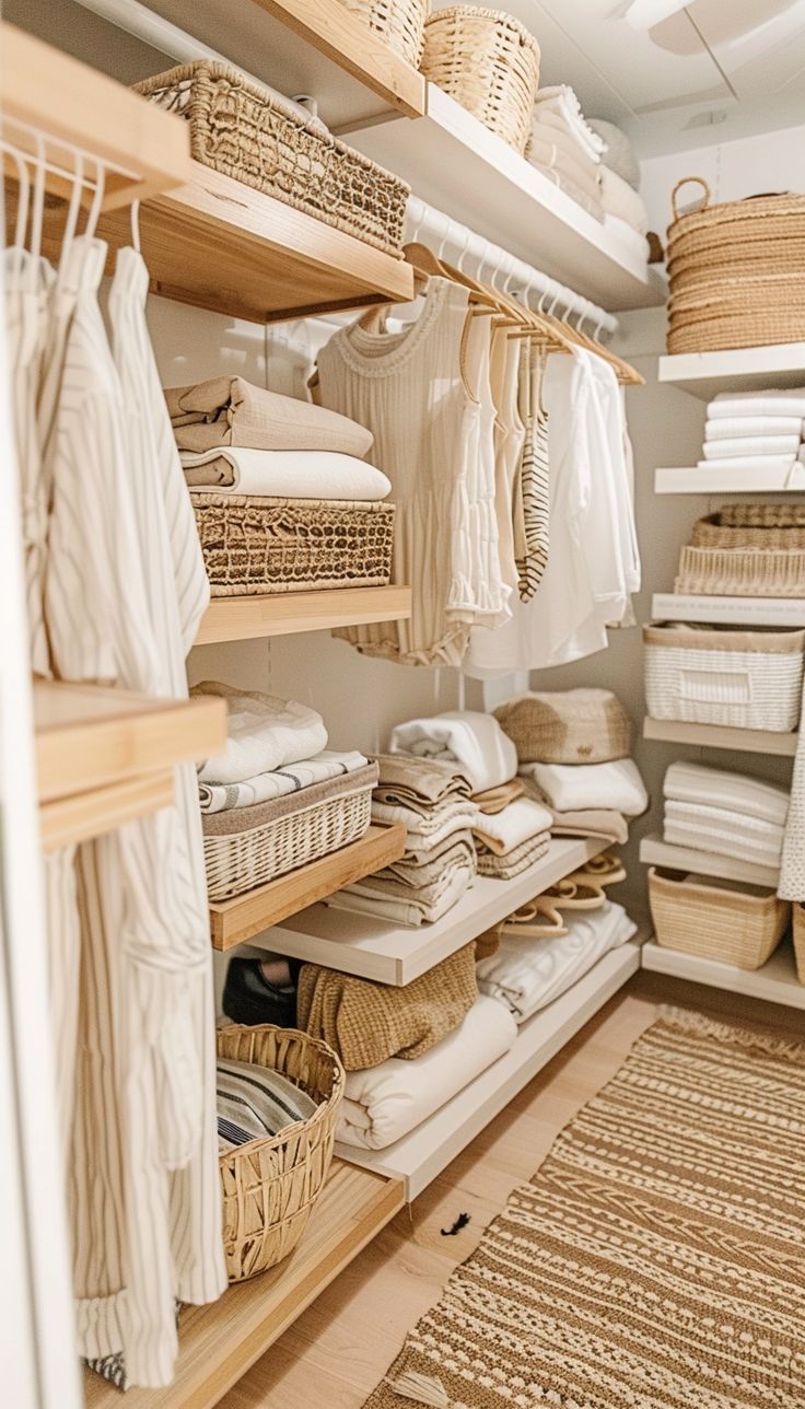 the closet is filled with lots of white linens and wicker baskets for storage