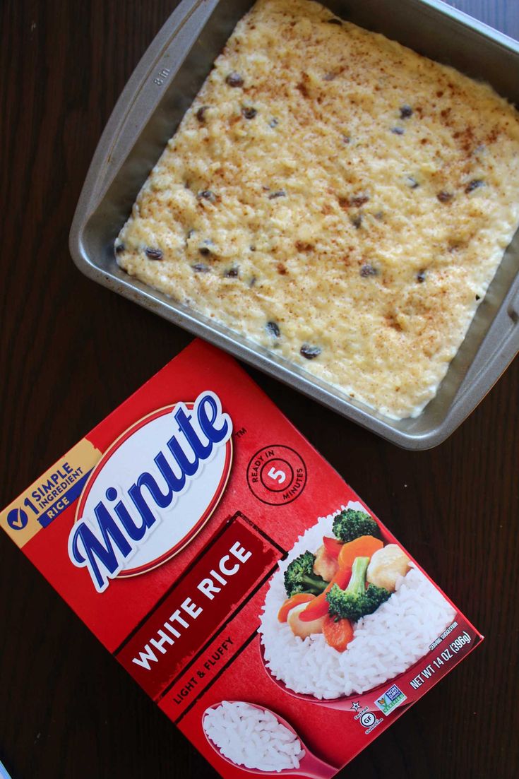 a casserole dish with rice and vegetables next to a packet of minutee white rice