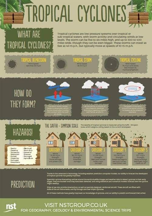 the tropical cyclone info sheet is shown in green and brown colors, with information about how it