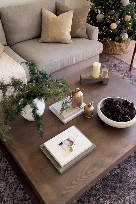 a living room with a couch, coffee table and christmas tree in the back ground