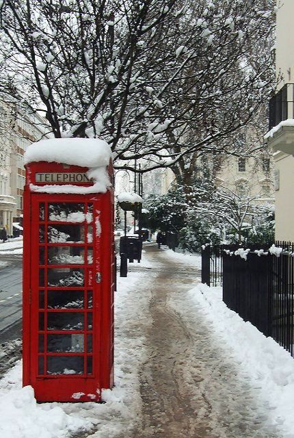 a red phone booth covered in snow next to a tree and fence on a snowy street