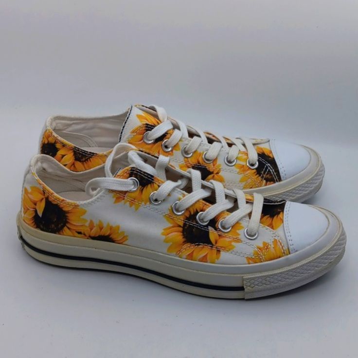 Nwot Excellent Condition Style: Sunflowers Offers Welcomed Casual Low-top Floral Print Sneakers, White High-top Sneakers With Floral Print, Sporty White Sneakers With Floral Print, Summer Custom Sneakers With White Sole, Summer Custom Sneakers With White Sole And Round Toe, Summer Custom Sneakers With Round Toe, White Low-top Custom Sneakers For Spring, Custom White Low-top Sneakers For Spring, White Low-top Canvas Shoes For Spring