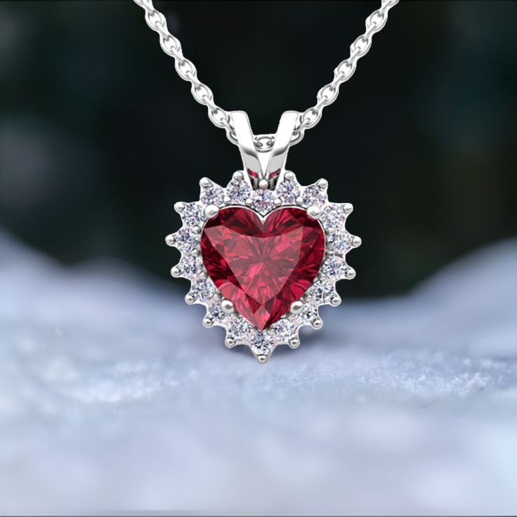 Garnet and Diamond Necklace in Gold Cubic Zirconia Heart Necklace With Gemstone For Valentine's Day, Heart Necklace With Cubic Zirconia For Valentine's Day, Valentine's Day Heart Necklace With Cubic Zirconia Gemstone, Ruby Heart Pendant Necklace For Wedding, Elegant Ruby Heart Cut Jewelry, Elegant Red Heart Necklace With Birthstone, Elegant Heart Cut Ruby Jewelry, Elegant Gemstone Heart Necklace For Anniversary, Elegant Heart Cut Birthstone Necklace