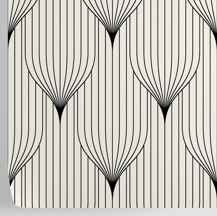 an art deco style shower curtain with black and white lines on the back ground,