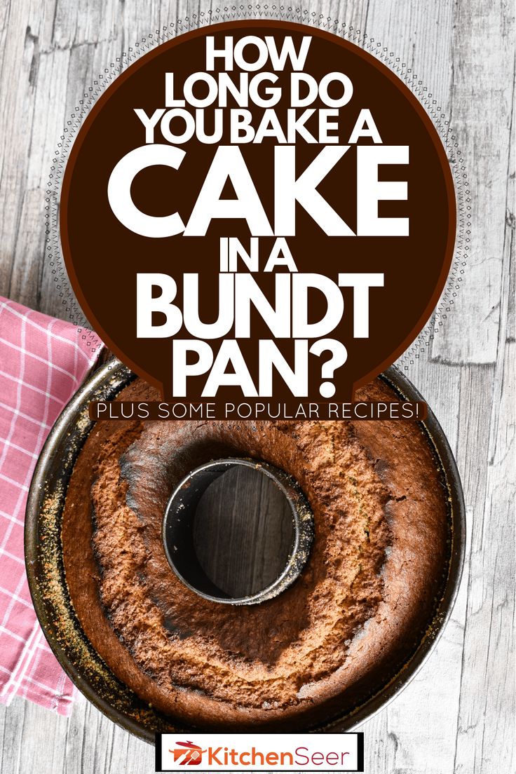 a bundt cake with the words how long do you bake a cake in a bund pan? plus some popular recipes