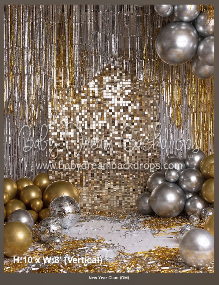 a gold and silver party backdrop with balloons