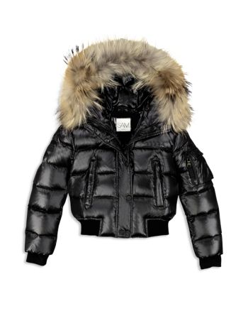 Sam. Girls' Skyler Fur-Trimmed Down Bomber Jacket - Big Kid - Jet Puffer Coat With Fur, Puffer Jacket With Fur, Ladies Coat Design, Fur Hood Jacket, Fluffy Jacket, Dream List, Fur Hood Coat, Winter Inspo, Black Puffer Jacket