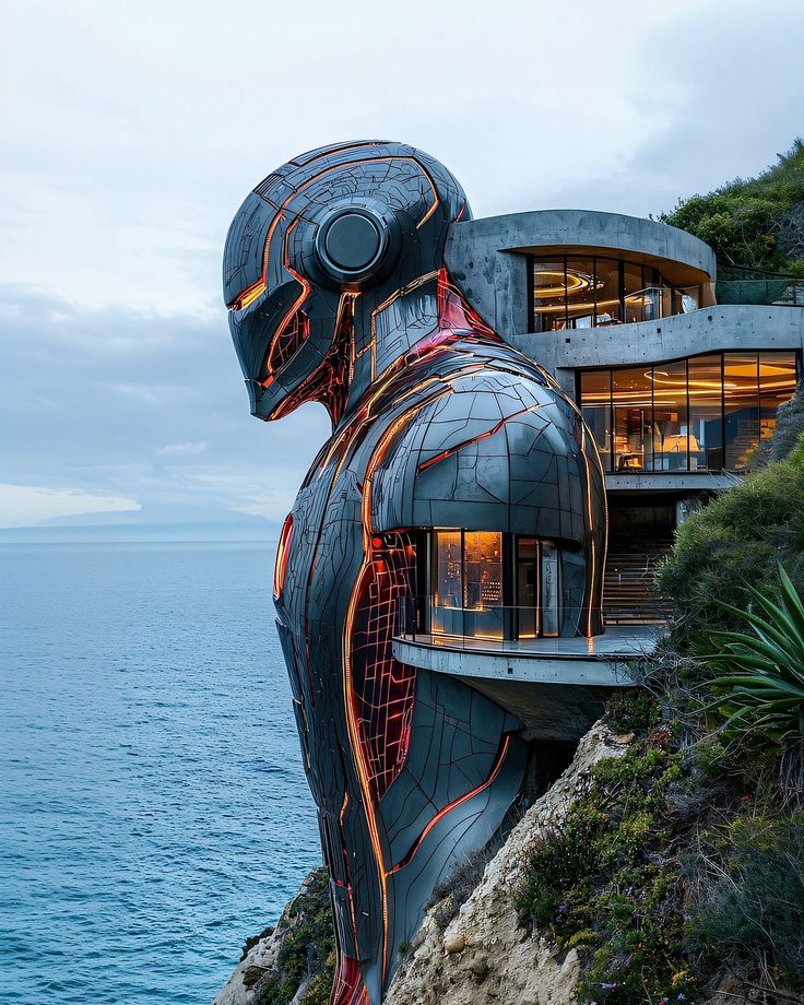 a futuristic house on the edge of a cliff by the ocean with a giant human head in front