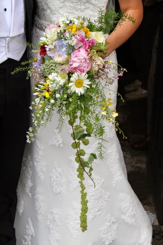 the bride and groom are holding their bouquets