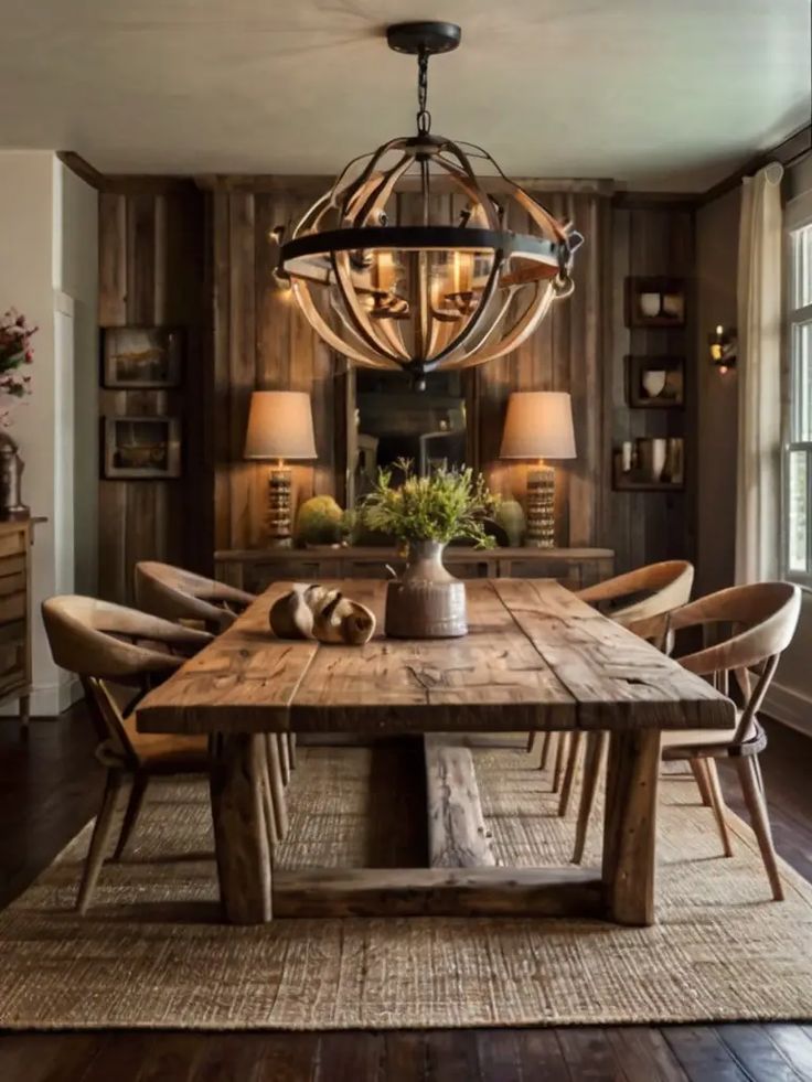 a dining room table with chairs and a chandelier hanging from the ceiling above it