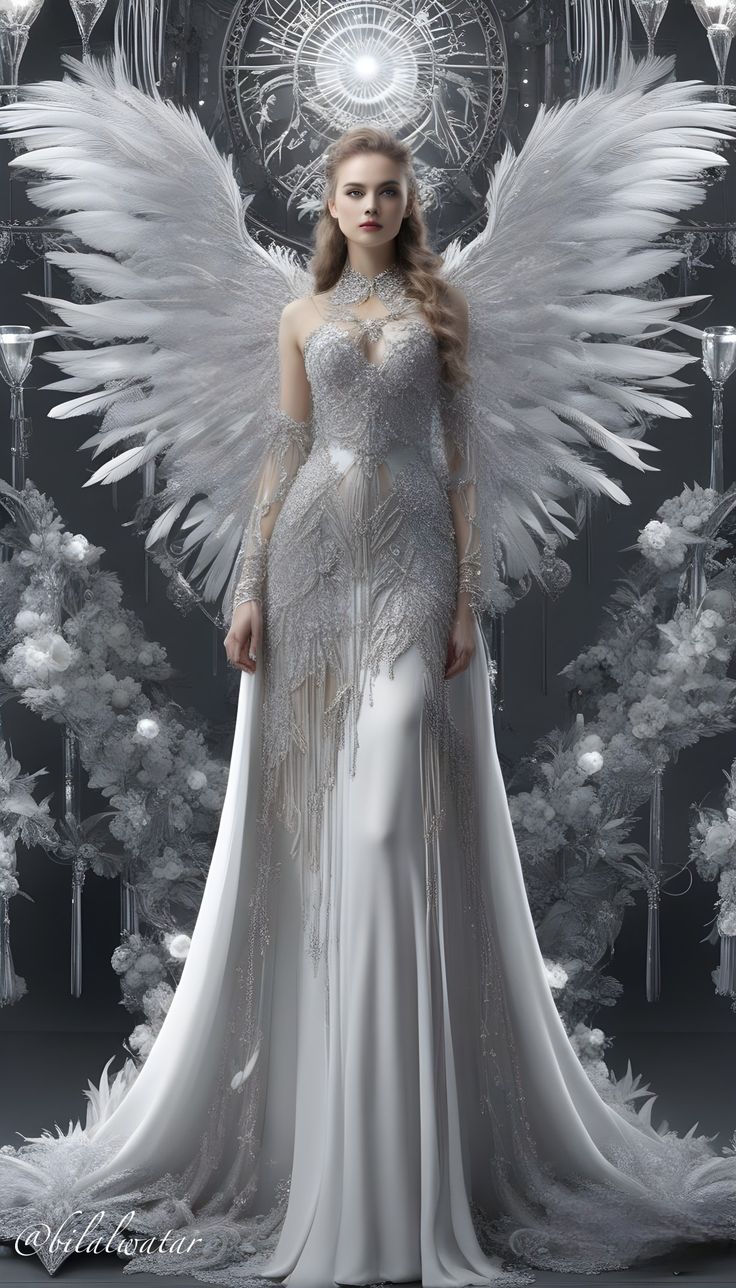 a woman in a white dress with angel wings