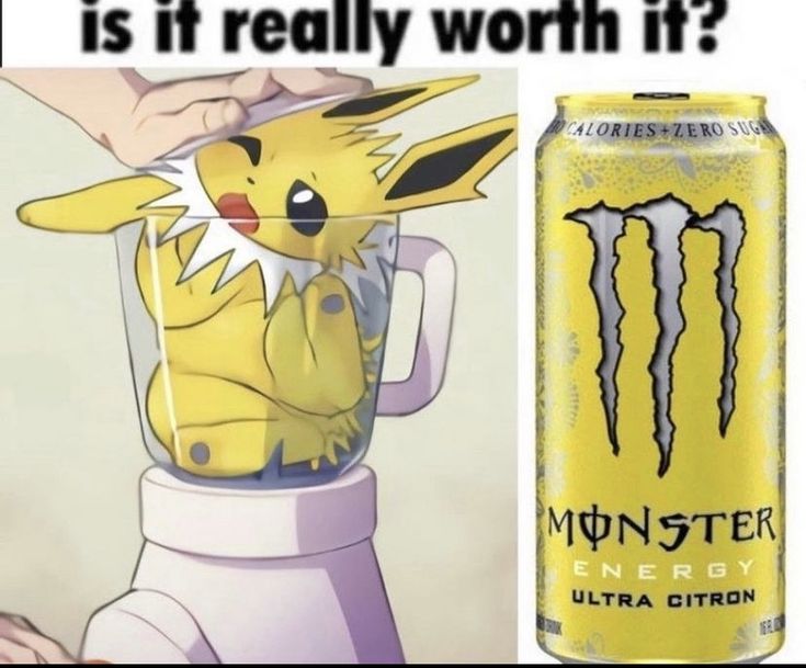 a can of monster energy next to an image of a pikachu in a blender