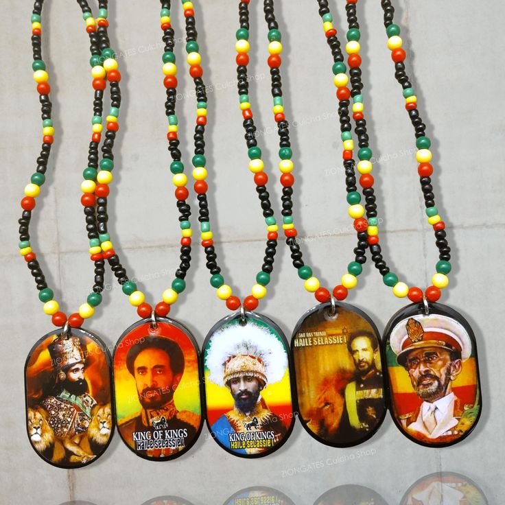 Experience the majesty of Emperor Haile Selassie I through these exquisite beaded necklaces. Each one is a symbol of Rastafarian culture and the deeply held beliefs of its followers. Let these necklaces be a reminder of the powerful message of unity and strength that Emperor Haile Selassie I embodies. Experience the ever-changing beauty of our Beaded Necklaces! Please note that the bead style may vary (but will always be stunning!). Our pendants are made of high-quality acrylic, and the necklace measures 24 inches from end to end. Each pendant is a bold 2 inches high and 1.25 inches wide, with a solid black back for a sleek look. Perfect for gift-giving, these necklaces are sure to impress with their unique and versatile style! ORDERS USUALLY SHIP IN 24 HOURS We Also Have Rasta Earrings... Rasta Jewelry, Emperor Haile Selassie, Rasta Beaded Necklace, Reggae Keychains, Rasta Hoodie, Necklaces Bead, Rastafarian Culture, Rasta Earrings, Haile Selassie