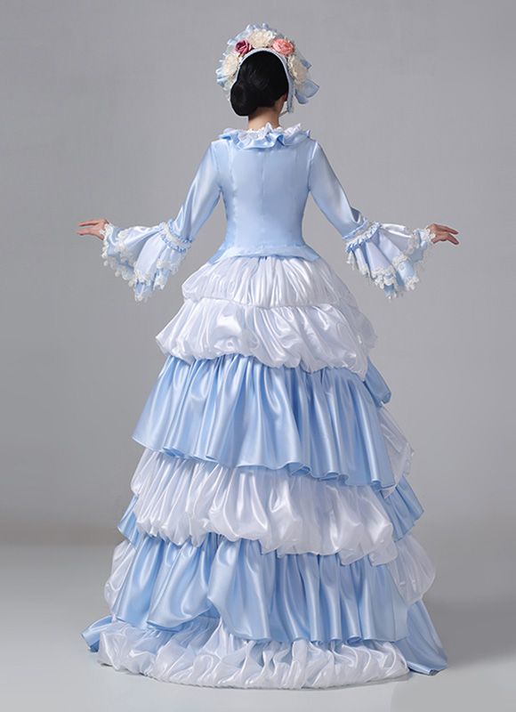 Women Blue Victorian Bustle Dress Ballgown Color:Blue   Material: This dress made of High Quality Satin, soft,smooth and comfortable to wear  Sleeve Length:  Long Sleeve  Dresses Length:Floor Length  Neckline:  Square Collar  Decoration: Ruffles + Lace  Package Includes:  Dress + Hat   The length of skirt about 45 inches (114 cm) long from waist to hem regardless of size. This dress is pictured with a 6-hoop skirt Petticoat underneath to achieve the look. Petticoat are NOT INCLUDED with our