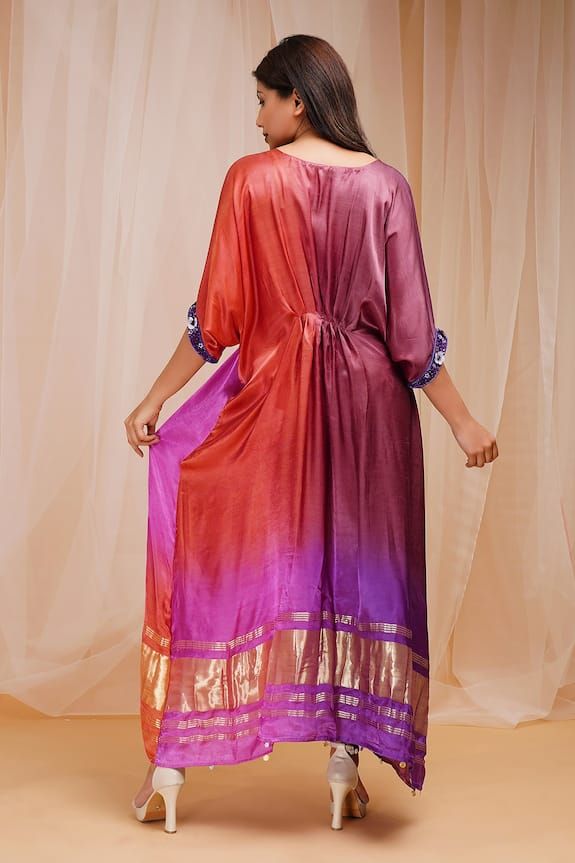 Violet, pink and red kaftan with placed bead and sequin embroidered floral patterns on an ombre base. - Aza Fashions Traditional V-neck Sequin Dress, Festive Anarkali Kaftan With Sequins, Bollywood Style V-neck Party Kaftan, Anarkali Style Sequined Kaftan For Party, Festive Designer Kaftan With Sequins, Long Purple Festive Kaftan, Festive Long Purple Kaftan, Festive Sequined Traditional Drape Kaftan, Bollywood Style V-neck Navratri Dress