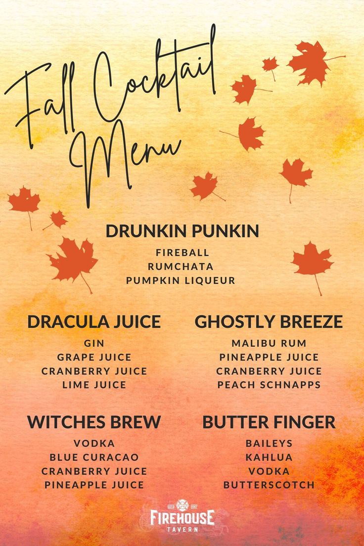 the fall cocktail menu is shown in orange, yellow and pink colors with leaves on it