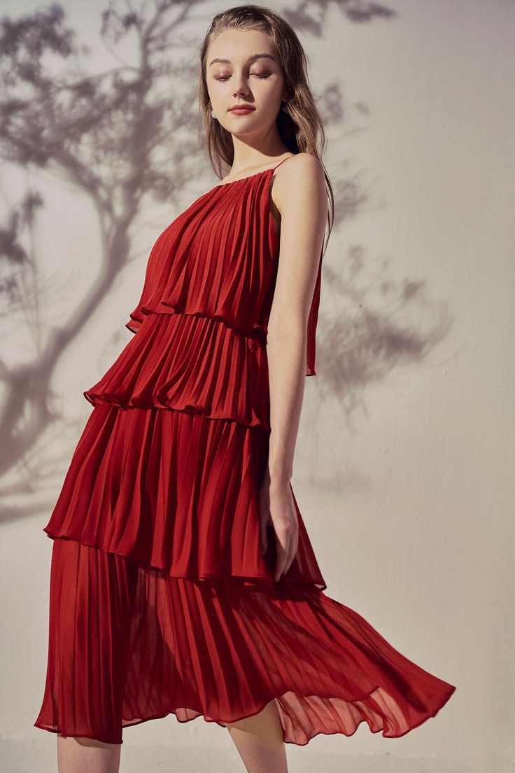 Citta Pleated Dress – VAST Midi Silk Dress, Red Party Dress, Chic Prom Dresses, Pleated Party Dress, Best Summer Dresses, Little Red Dress, Silk Chiffon Dress, Red Chiffon, Red Party