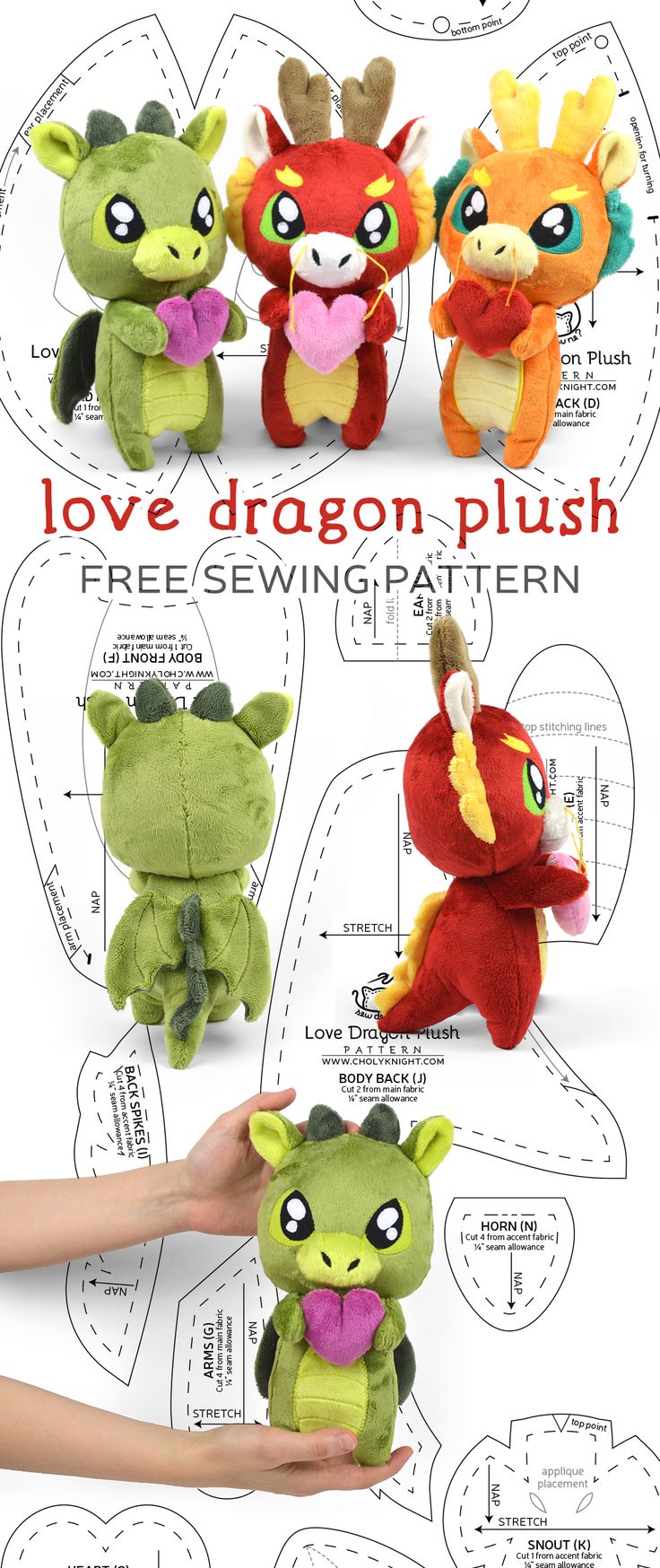 the instructions for how to make an adorable dragon plushie with free sewing pattern and instructions