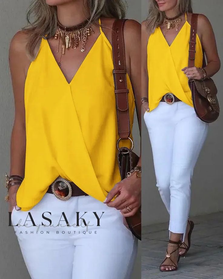 Lasaky - Sophisticated Halter Sleeveless Wrap Tank Top Wrap Tank Top, Elegante Y Chic, Solid Tank Tops, Family Picture Outfits, Chic Type, Crop Top Casual, Y2k Clothes, Estilo Chic, Picture Outfits