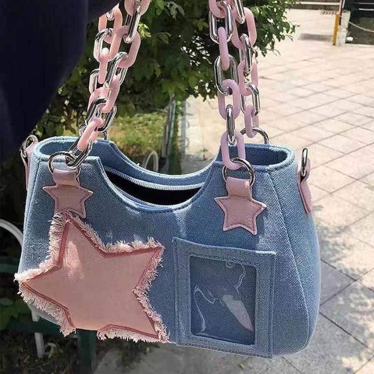 Y2k Star Transparent Denim Bag Tas Denim, Tas Mini, Tas Bahu, Denim Crossbody, Denim Handbags, Tas Fashion, Denim Shoulder Bags, Zip Purse, Jean Vintage