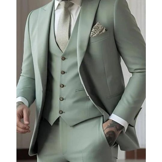 Men's Tailored Fit Double Breasted Six-buttons 2 Pieces Wedding Suits - Mondressy Tailored Wedding Tuxedo With Hidden Button Closure, Wedding Tuxedo With Hidden Button Closure And Tailored Fit, Green Long Sleeve Tuxedo For Wedding, Tailored Tuxedo Blazer For Wedding, Tailored Three-piece Suit For Wedding With Long Sleeves, Three-piece Tuxedo Suit With Notch Lapel, Groom Suit Sets With Suit Collar And Buttons, Wedding Tuxedo With Notch Lapel And Single Button, Tailored Outerwear With Buttons For Wedding