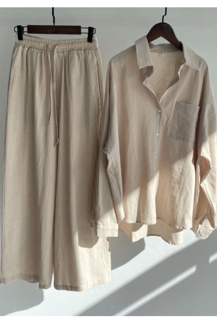 This linen set is so perfect for our petite girlies! Casual Solid Linen Set, Solid Linen Long Sleeve Sets, Solid Color Linen Loungewear Sets, Solid Linen Loungewear Sets, Casual Linen Sets For Vacation, Chic Beige Cotton Sets, Casual Linen Sets For Day Out, Casual Cream Sets For Spring, Beige Sets For Spring Daywear