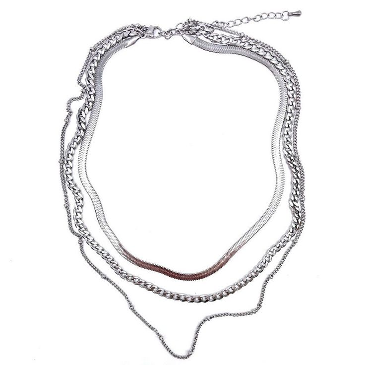 Classy and bold, this Adornia stainless steel layered chain necklace makes for a unique style. Classy and bold, this Adornia stainless steel layered chain necklace makes for a unique style. Nickel free Metal: stainless steel Chain length: 18 in. + 2-in. extender Packaging: pouch Plating: rhodium Finish: polished Chain type: cable, curb, snake Size: 17". Color: Silver Tone. Gender: female. Age Group: adult. Silver Multi-strand Chunky Chain Layered Necklace, Silver Chunky Chain Multi-strand Layered Necklace, Silver Multi-strand Layered Necklace With Chunky Chain, Silver Multi-strand Necklace With Chunky Chain, Silver Multi-strand Chunky Chain Necklace, Trendy Metal Snake Chain Necklace With Adjustable Chain, Silver Double Strand Metal Necklace, Silver Double Chain Multi-strand Necklace, Silver Multi-strand Double Chain Necklace