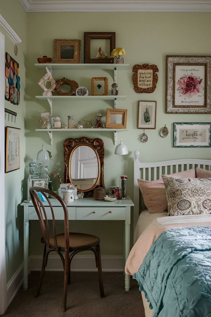 a bedroom with green walls and pictures on the wall