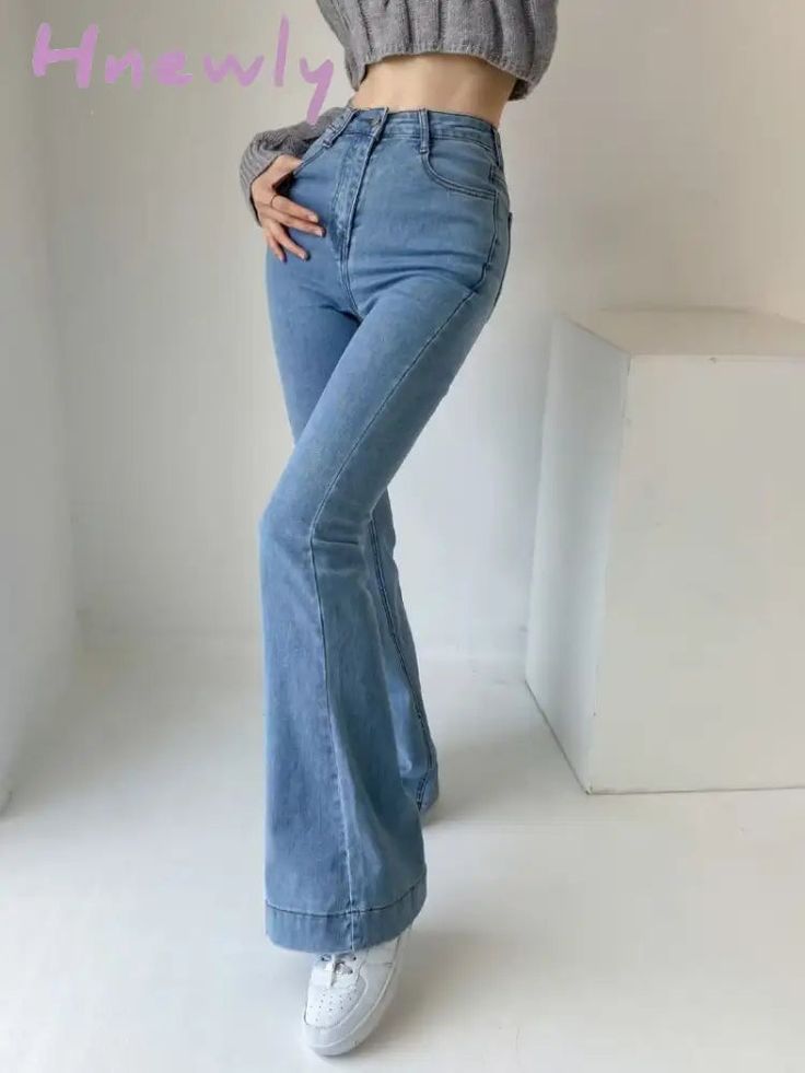 Hnewly Casual Bell Bottom Pants Jeans For Women Blue Elastic Fashion Y2K Trousers Autumn New High Crop Top And Sweatpants, Y2k Trousers, Trendy Summer Fits, Beach Crop Tops, Long Sleeve Mesh Dress, High Waisted Flare Jeans, Fashion Y2k, Fashion Design Dress, High Waisted Flares