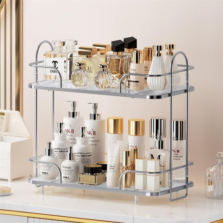 a shelf filled with lots of different types of skin care products on top of a white counter