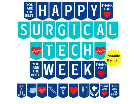 the words happy surgical tech week written in blue and red on a white background with medical symbols