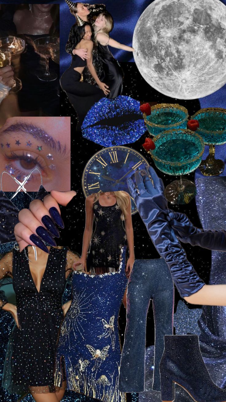 the collage shows many different images of women in dresses and hats, with one woman's face painted blue