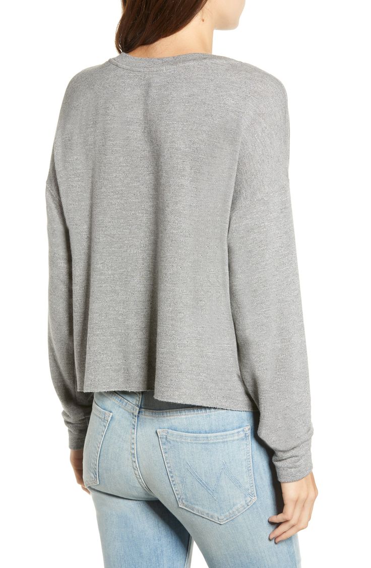 A versatile staple, this sporty pullover is made in a luxe blend of supersoft fibers and has a heathered finish that goes with everything. Crewneck Long sleeves 62% rayon, 30% cotton, 5% spandex, 3% polyester Machine wash, tumble dry Imported t.b.d. Soft-washed Comfy Long Sleeve Tops, Soft-washed Cozy Fit Tops For Everyday, Comfy Stretch Tops For Layering, Comfy Cotton Soft Knit Tops, Comfy Soft Knit Cotton Tops, Comfy Soft Knit Tops With Relaxed Fit, Versatile Tops With Ribbed Cuffs For Layering, Athleisure Long Sleeve Top For Layering In Fall, Comfy Long Sleeve Soft-washed Top