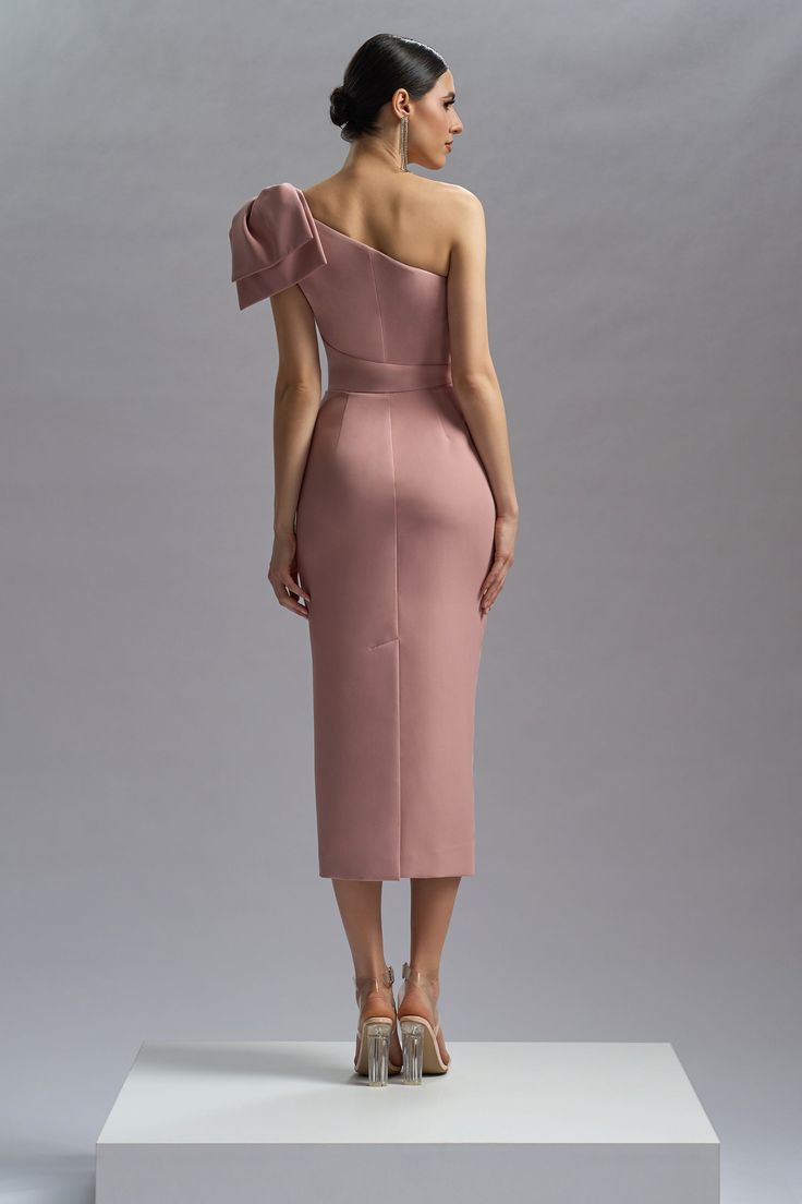 Cocktail midi dress Thalia CA48 Pink Midi-length One Shoulder Dress For Party, Pink One-shoulder Midi Evening Dress, Pink One-shoulder Midi Dress For Cocktail, Pink Tea-length Cocktail Midi Dress, Pink Knee-length Cocktail Midi Dress, Marchesa Couture, Corset Skirt, Midi Dress Style, Luxury Wear