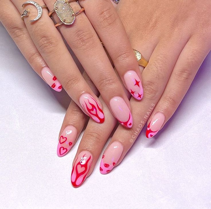 nails french tip pink almond design acrylic gel x Colorful Pink Nails, Red Nail Set Almond, Pink Funky Nails, Funky Pink Nails, Pink Fire Nails, Nail Art Grunge, Pink Almond Nails Design, Funky French Tip Nails, Red And Pink Nails Ideas