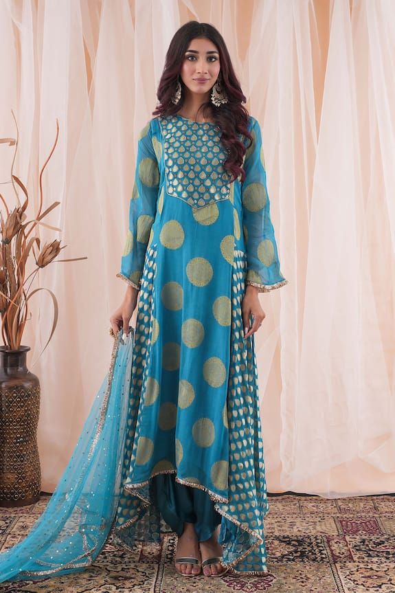 Peacock blue banarasi georgette anarkali with mukaish and cutdana embroidery. Comes with modal satin dhoti pant and a net dupatta. - Aza Fashions Semi-stitched Chanderi Sharara With Dabka, Blue Chinon Kurta With Dabka, Festive Mulmul Sharara With Dabka Detailing, Festive Georgette Sharara With Dabka Details, Festive Georgette Sharara With Dabka, Festive Dabka Sharara In Georgette, Anarkali Palazzo Set With Dabka In Chinon, Unstitched Floor-length Cotton Silk Salwar Kameez, Anarkali Palazzo Set With Dabka On Chinon