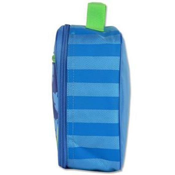 "Who said that school can't be as fun as summer? Our Newest design in Classic Lunch boxes combines summer fun and school smarts. This fun Shark lunch box in a vibrant multi-colors of Green and Blue and is fully insulated with a Velcro strap inside to hold your drink. Inner mesh pockets help to secure small snacks or utensils along with a front zipper pouch. It is also a perfect combination to our Personalized Shark Sidekick Backpack. Our lunch box measures approx. 10\" x 7.5\" x 3\" and includes Blue Rectangular Lunch Box For Back To School, Playful Blue Rectangular Pencil Case, Blue Rectangular Playful Pencil Case, Playful Blue Lunch Box For Daycare, Multicolor Lunch Box For End Of School Year, Preschool Lunch Box, Unicorn Lunch Box, Bunny Backpack, Embroidered Backpack