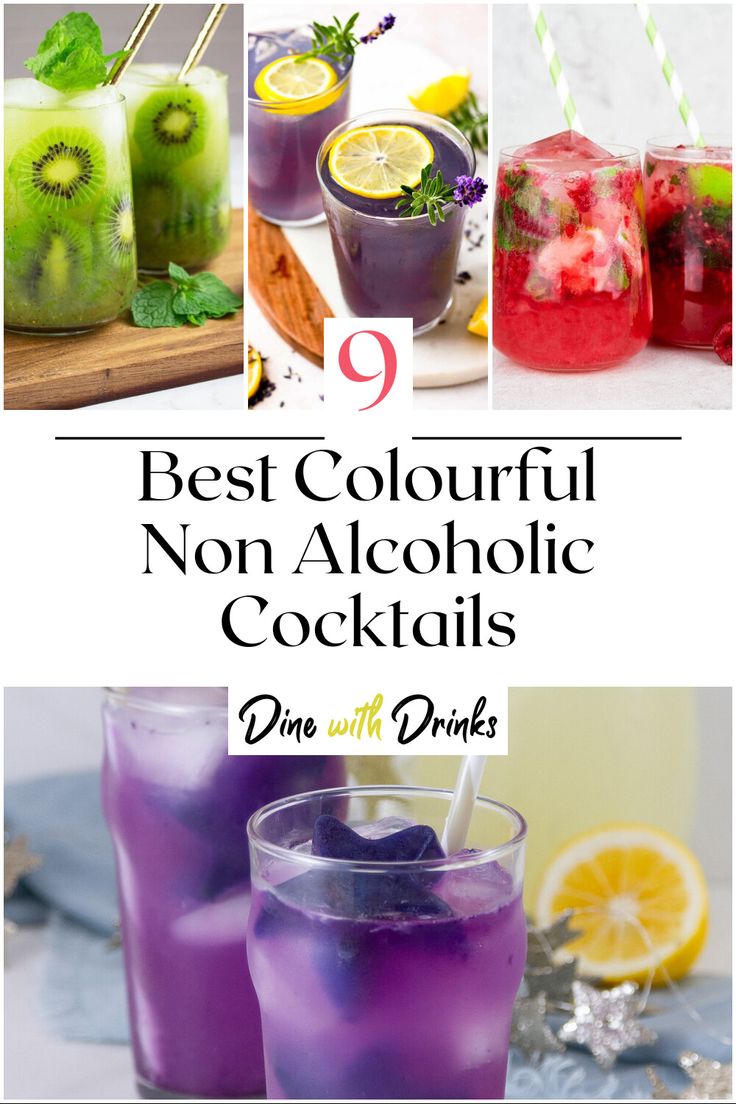 Collage of 4 colourful non alcoholic cocktails. Easy Mocktail Recipes, Virgin Cocktails, Mocktail Drinks, Alcholic Drinks, Alcohol Free Drinks, Drink Recipes Nonalcoholic, Colorful Drinks, The Hangover, Non Alcoholic Cocktails