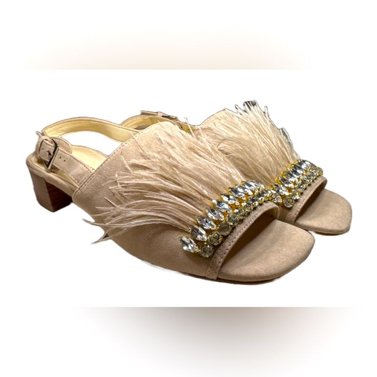 Nine West Ribeiro Feather & Stone Embellished Sandals Please Note: New. Never Worn Not In Original Box Color: Tan Elegant Sandals With Feather Trim For Spring, High Heel Sandals With Feather Trim For Summer, Summer High Heel Sandals With Feather Trim, Summer Sandals With Feathers And Open Toe, Low Heel Sandals For Summer Galas, Feathered Open Toe Sandals For Summer, Chic Sandals With Feathers For Summer, Chic Summer Sandals With Feathers, Chic Feathered Sandals For Spring