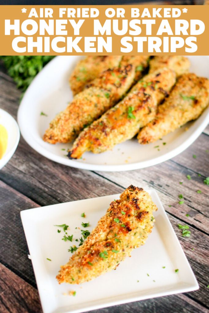 two plates with chicken strips on them and the words air fried or baked honey mustarded chicken strips