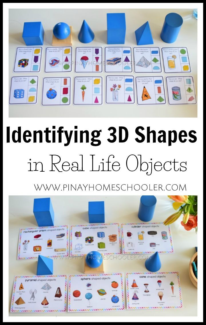 some blue shapes and numbers on a table with the words identifying 3d shapes in real life objects