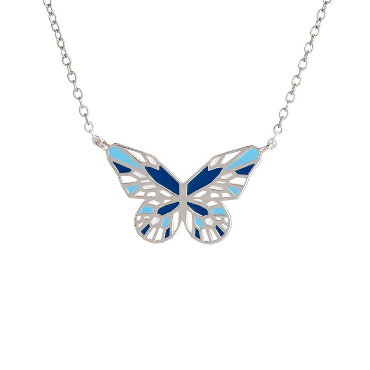 A blue butterfly is perceived as a wish-granter, if you spot one consider yourself very lucky! The Blue Morpho is the most well-known blue specimen. It has iridescent vivid blue wings with black edges and they can be as wide as 8 inches, placing the Blue Morpho among the largest butterfly in the world. This blue butterfly necklace is more on the dainty side though: it is a bit under 1 inch wide and half an inch high. It makes for a perfect everyday necklace that can be layered with other longer Monarch Butterfly Necklace, Blue Butterfly Necklace, Butterfly Necklace Silver, Teal Necklace, Blue Morpho Butterfly, Blue Morpho, Blue Wings, Largest Butterfly, Green Butterfly