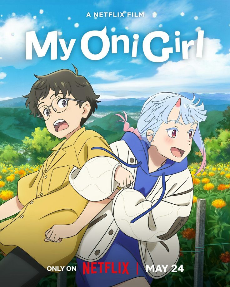 the poster for my onigirl with two people standing in front of flowers