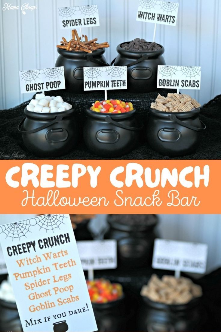 a halloween snack bar with creepy crunch snacks and candy on the table for trick - or - treat