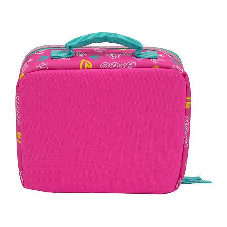 a pink lunch box with an aqua handle and handles on the side, sitting against a white background