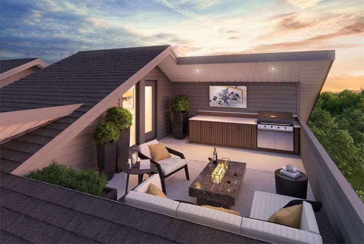 an outdoor kitchen and living room are featured in this rendering