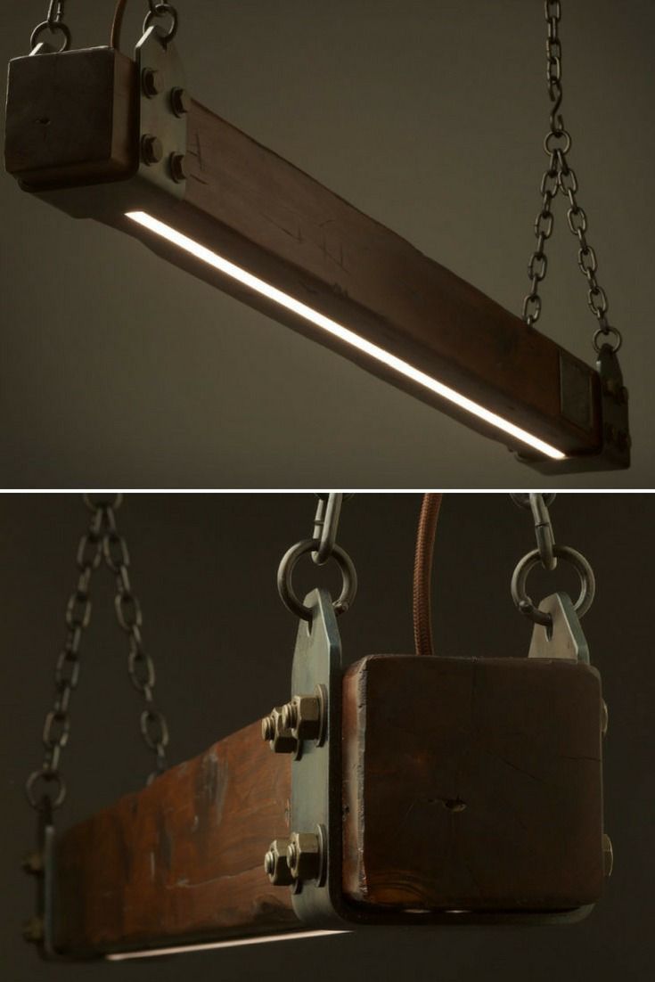 two different views of a light fixture with chains hanging from it's sides and the bottom