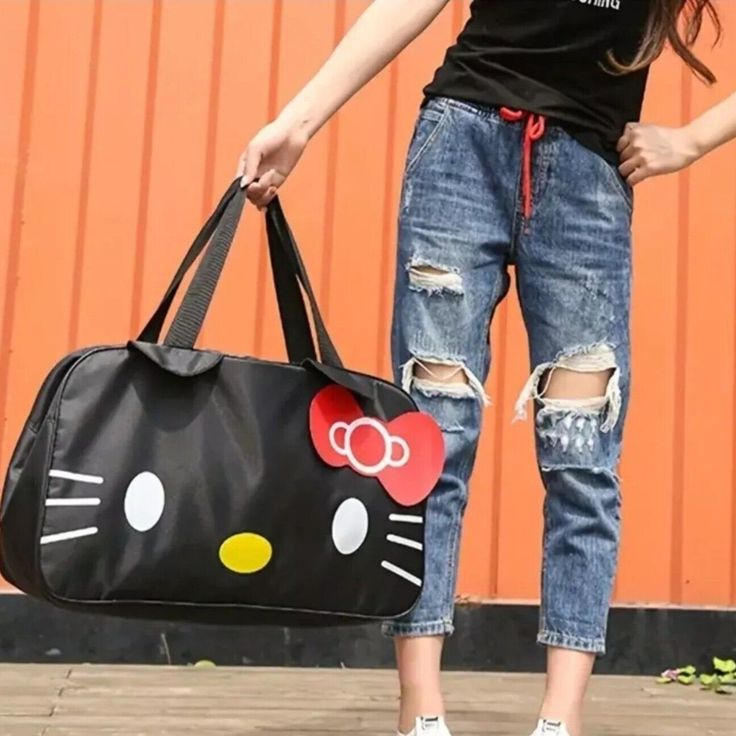 Hello Kitty Big Gym duffle bag luggage Travel Bag Black. Check BIO for link! Hello kitty large gym duffle bag. Brand New. Oxford Fabric Measurements: Height: 12.5" Withd: 19.5" Depth: 6" #hellokitty #sanrio #travelbag #bag #dufflebag Travel Bag Tag, Yoga Tote Bag, Yoga Tote, Cute Luggage, Hello Kitty Keychain, Suitcase Organization, Hello Kitty Bag, Weekend Travel Bags, Practical Bag