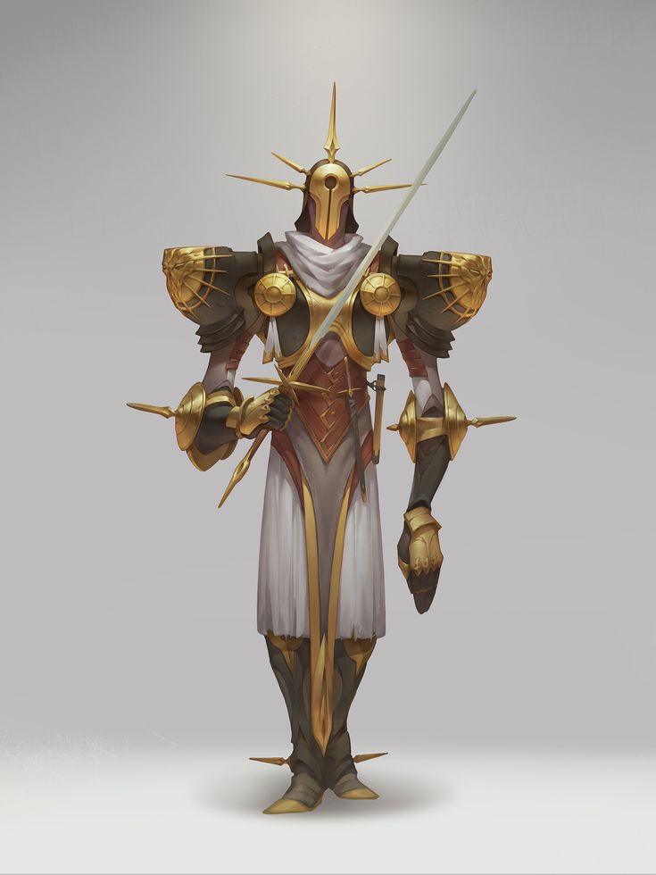 the armor is made up of gold and silver, with two swords in each hand