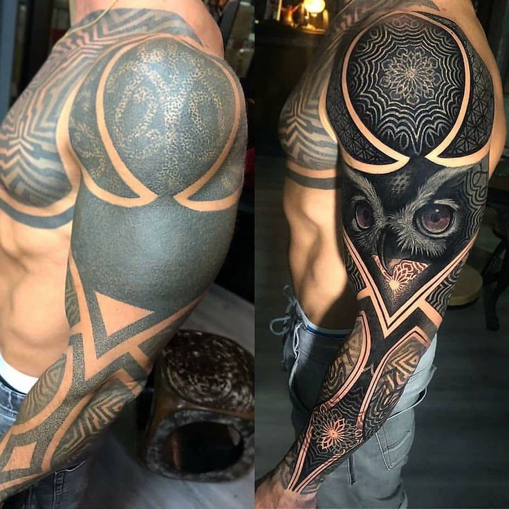 two men with tattoos on their arms and shoulder, one has an owl in the center